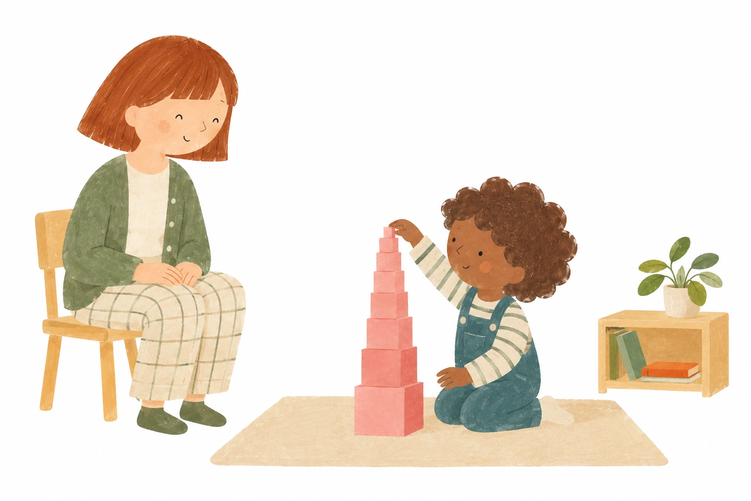 Une maman observe un enfant qui construit la tour rose Montessori.